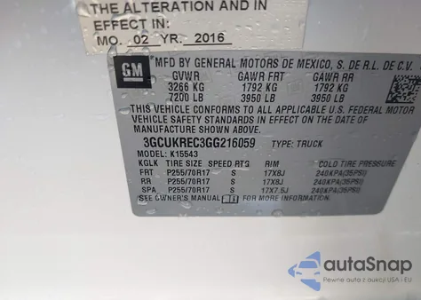 2016 Chevrolet Silverado 1500 1Lt из США, поврежденный, VIN 3GCUKREC3GG216059